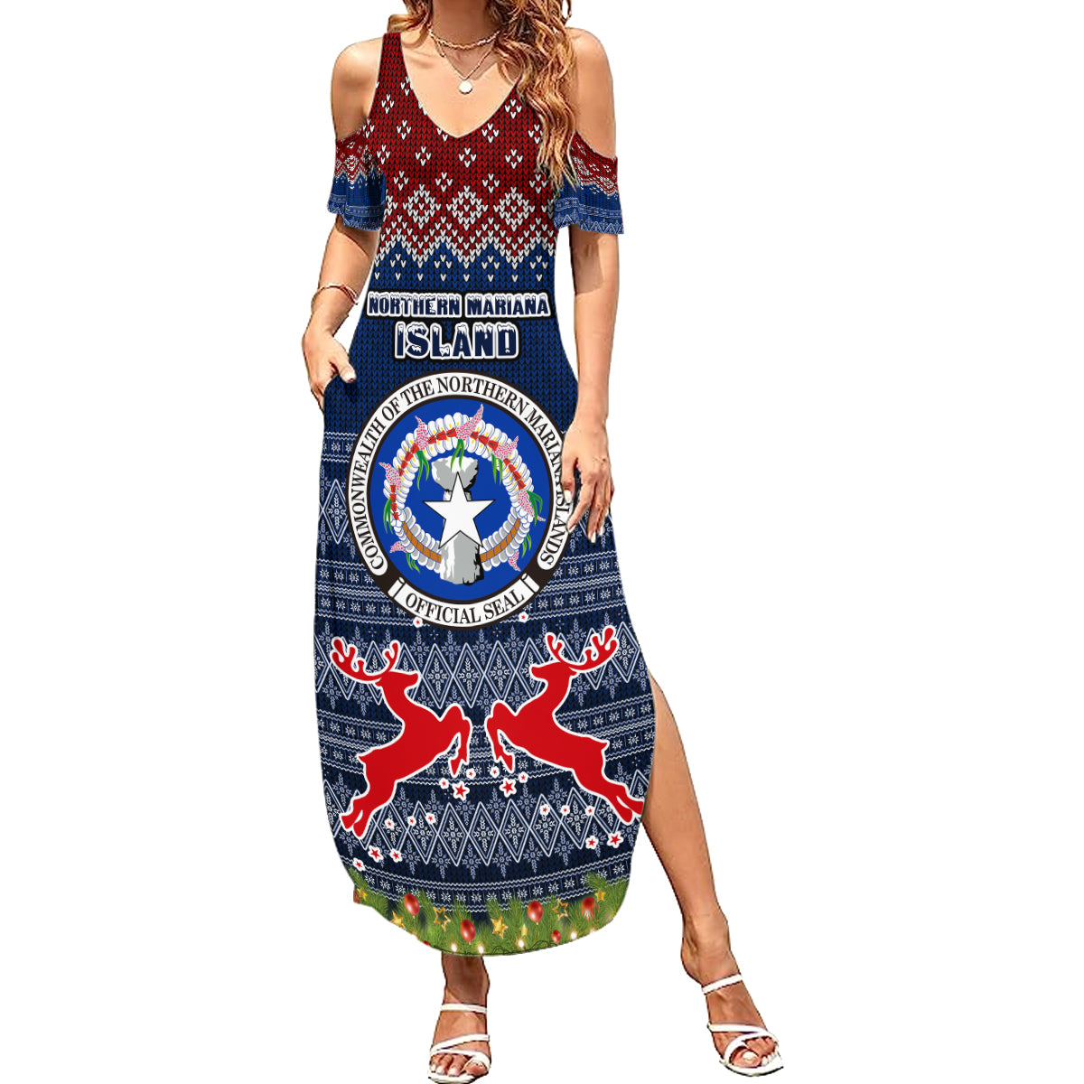 northern-mariana-islands-christmas-summer-maxi-dress-coat-of-arms-and-map-beautiful-merry-xmas-snowflake