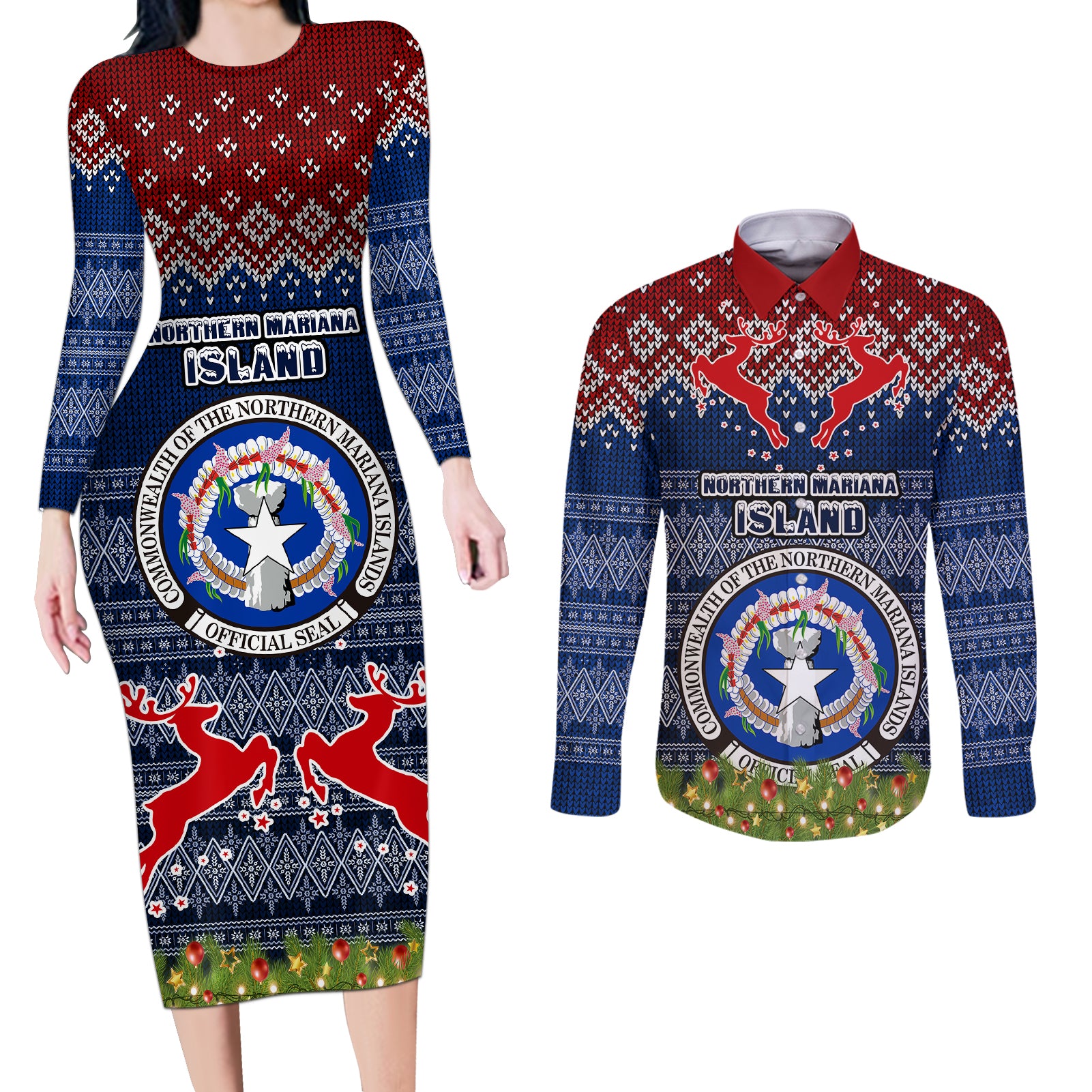 personalised-northern-mariana-islands-christmas-couples-matching-long-sleeve-bodycon-dress-and-long-sleeve-button-shirts-coat-of-arms-and-map-beautiful-merry-xmas-snowflake