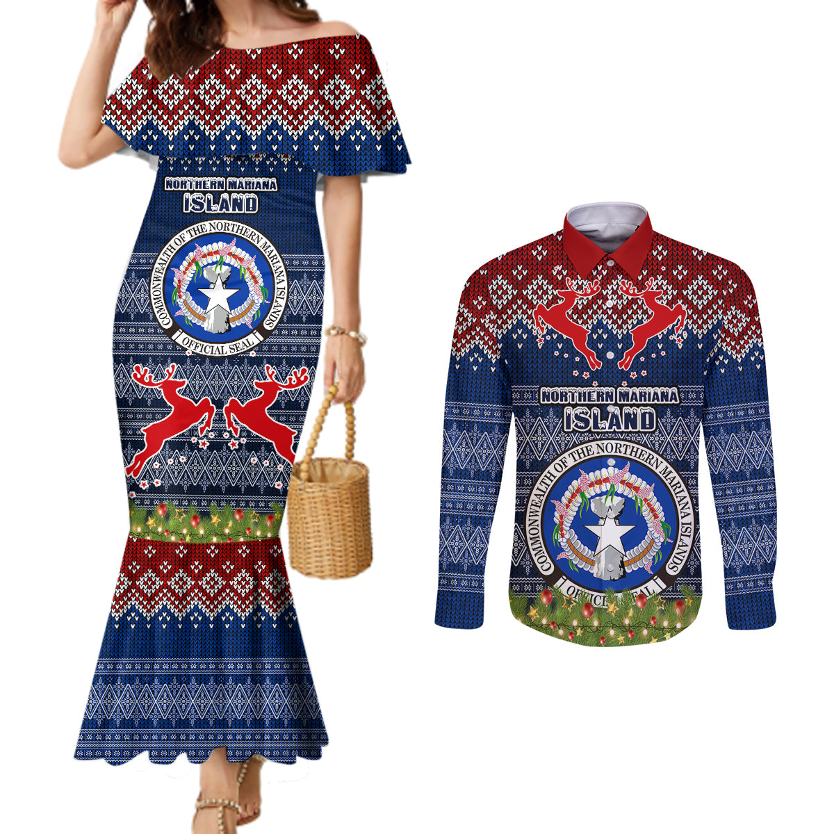 personalised-northern-mariana-islands-christmas-couples-matching-mermaid-dress-and-long-sleeve-button-shirts-coat-of-arms-and-map-beautiful-merry-xmas-snowflake