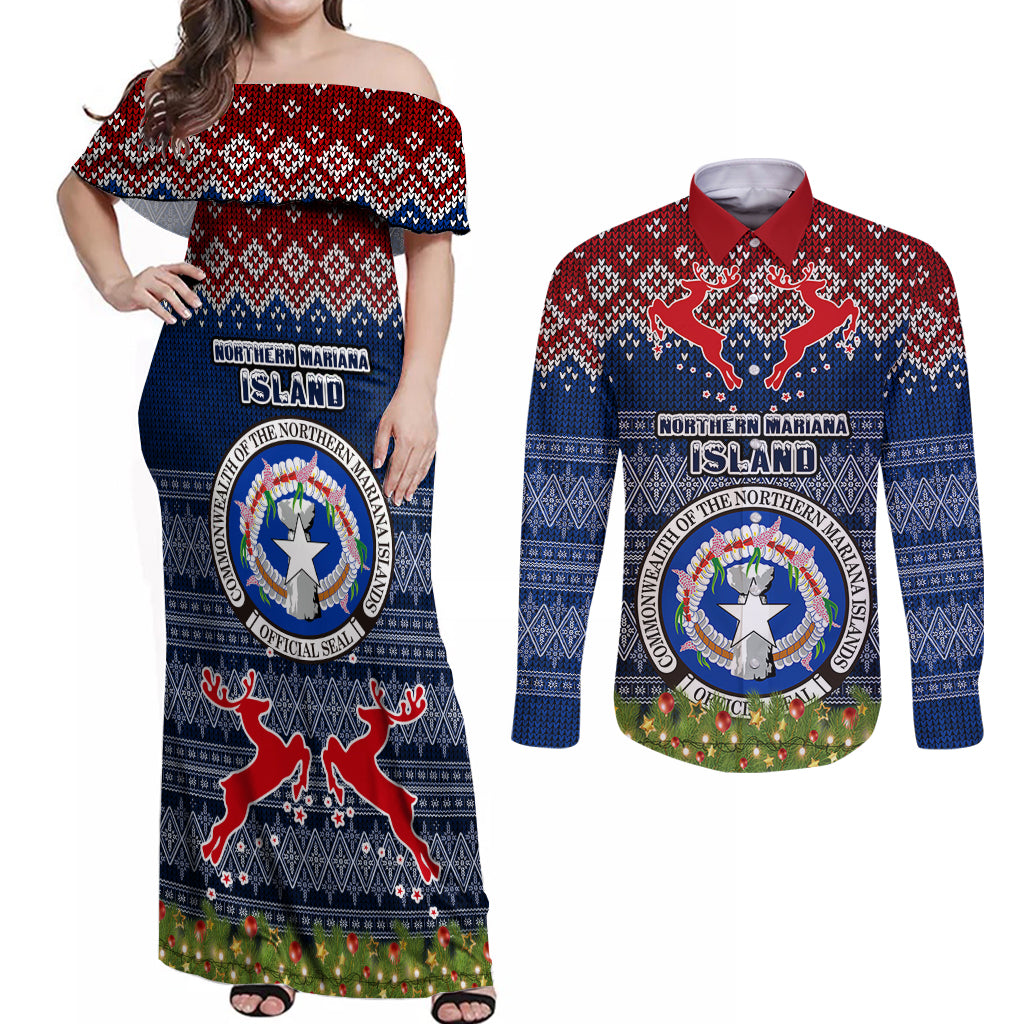 personalised-northern-mariana-islands-christmas-couples-matching-off-shoulder-maxi-dress-and-long-sleeve-button-shirts-coat-of-arms-and-map-beautiful-merry-xmas-snowflake