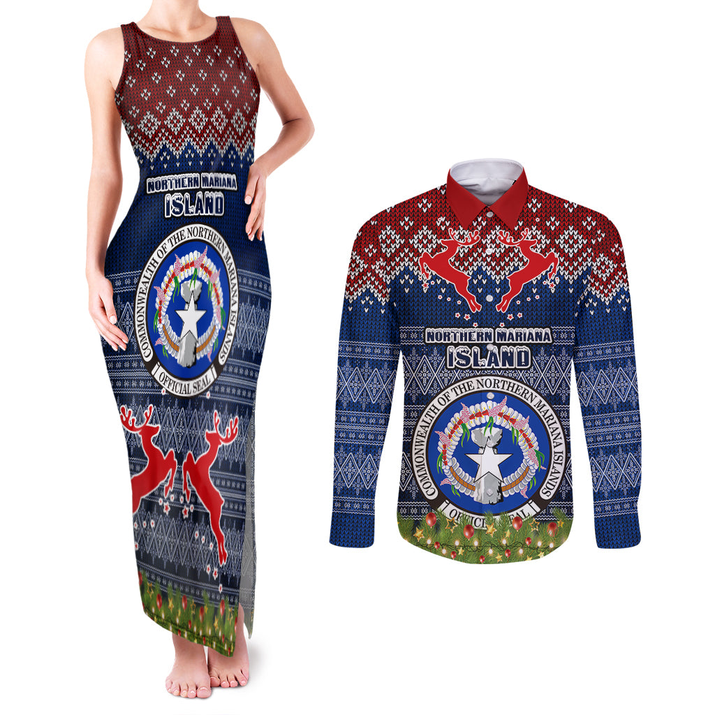 personalised-northern-mariana-islands-christmas-couples-matching-tank-maxi-dress-and-long-sleeve-button-shirts-coat-of-arms-and-map-beautiful-merry-xmas-snowflake