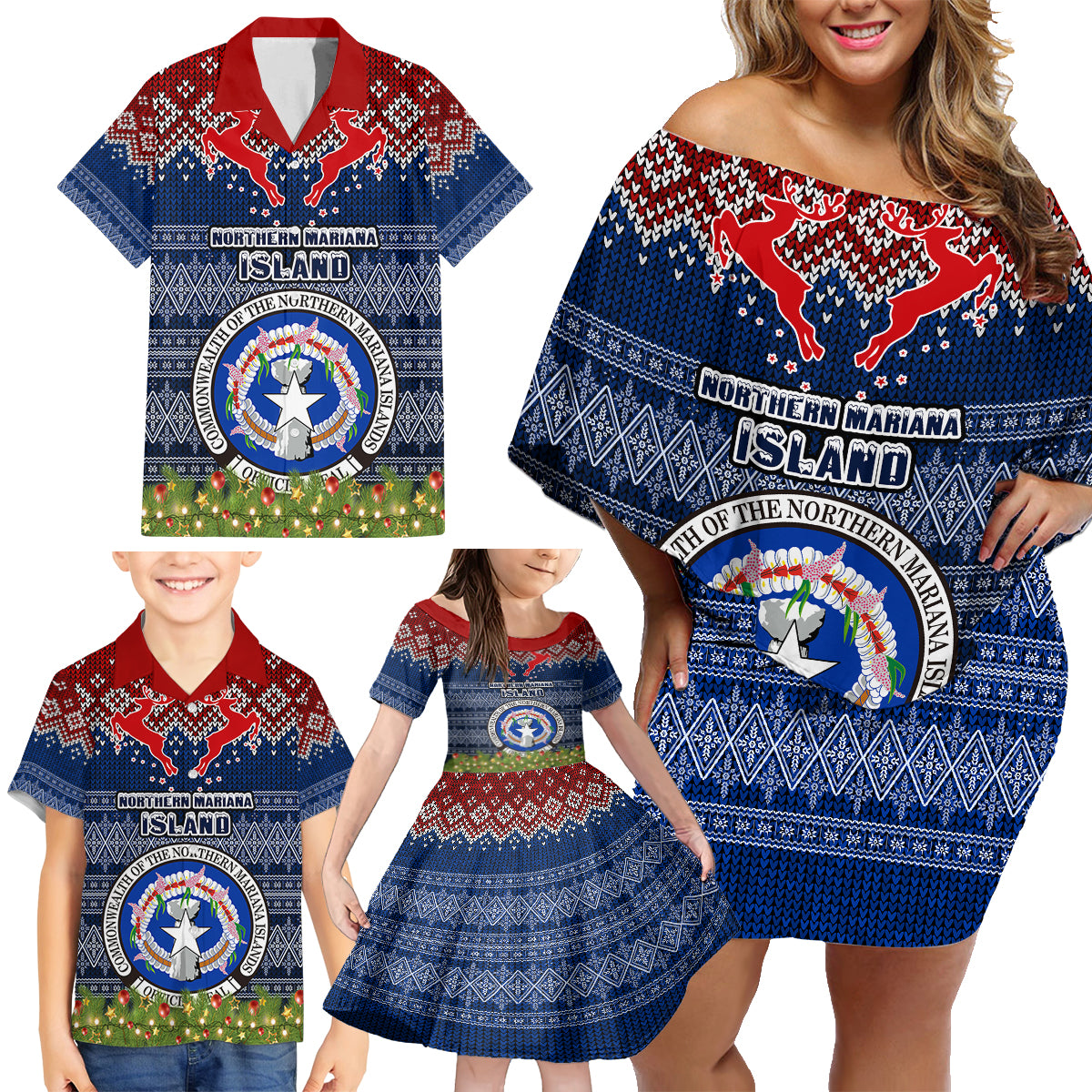 personalised-northern-mariana-islands-christmas-family-matching-off-shoulder-short-dress-and-hawaiian-shirt-coat-of-arms-and-map-beautiful-merry-xmas-snowflake