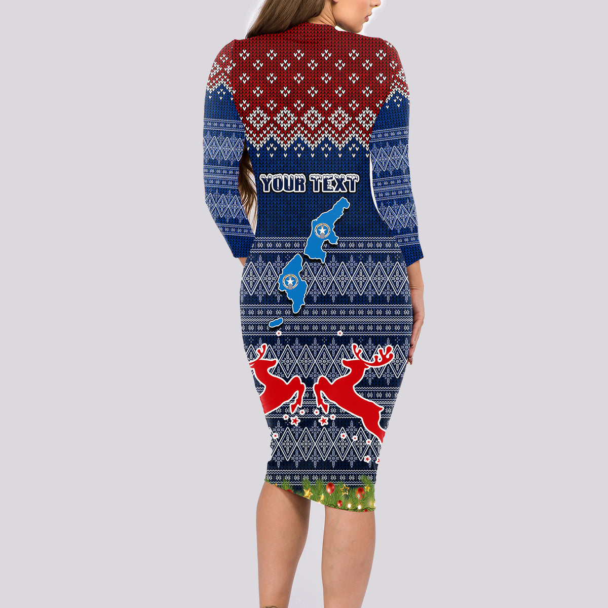 personalised-northern-mariana-islands-christmas-long-sleeve-bodycon-dress-coat-of-arms-and-map-beautiful-merry-xmas-snowflake