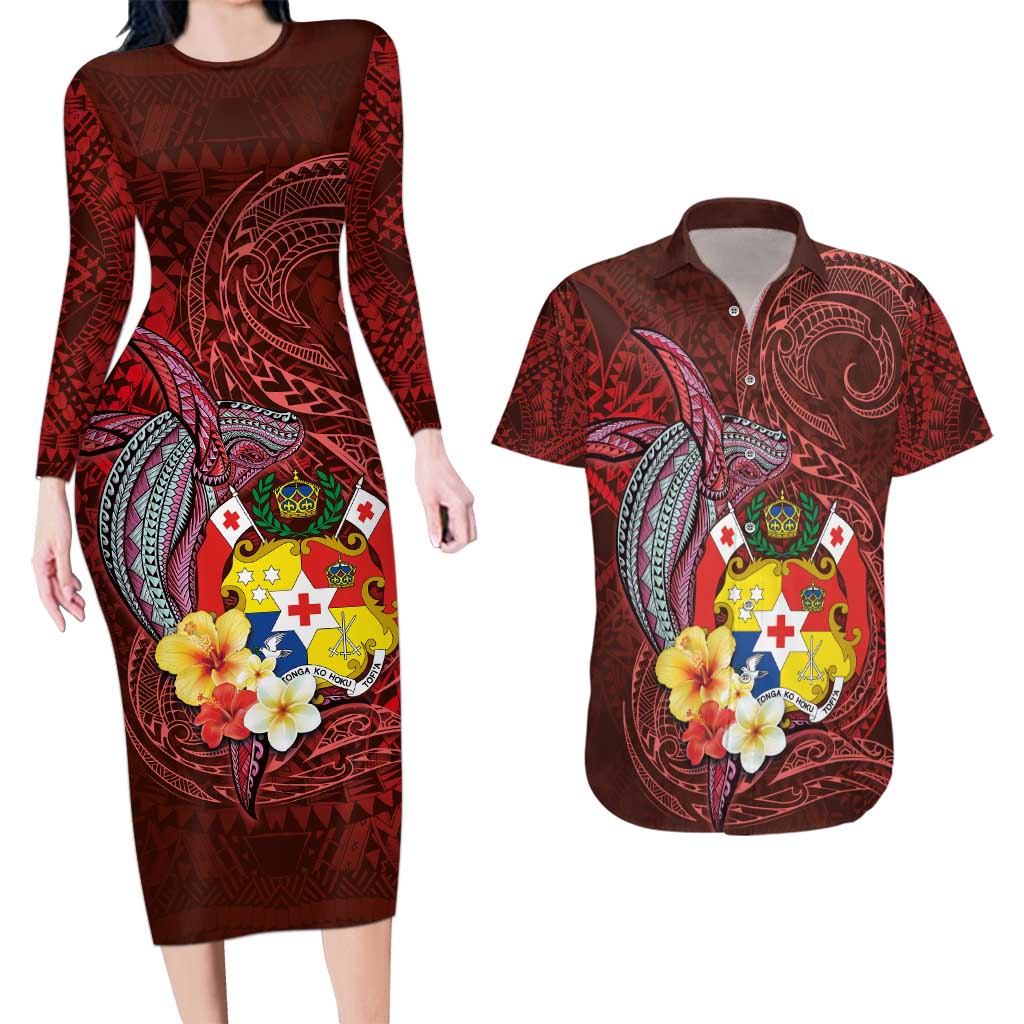 Tonga Humpback Whale Couples Matching Long Sleeve Bodycon Dress and Hawaiian Shirt National Seal with Hibiscus and Polynesian Tattoo