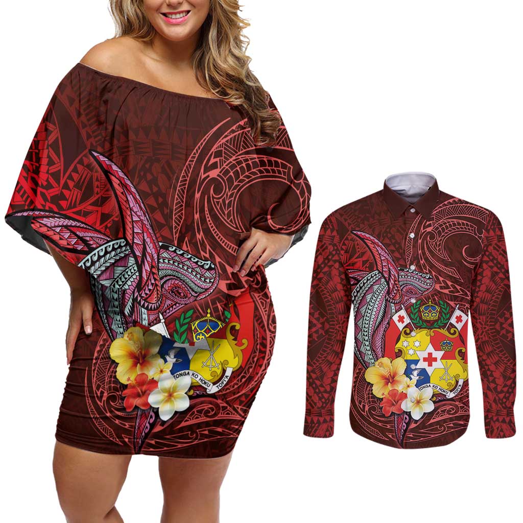 Tonga Humpback Whale Couples Matching Off Shoulder Short Dress and Long Sleeve Button Shirt National Seal with Hibiscus and Polynesian Tattoo