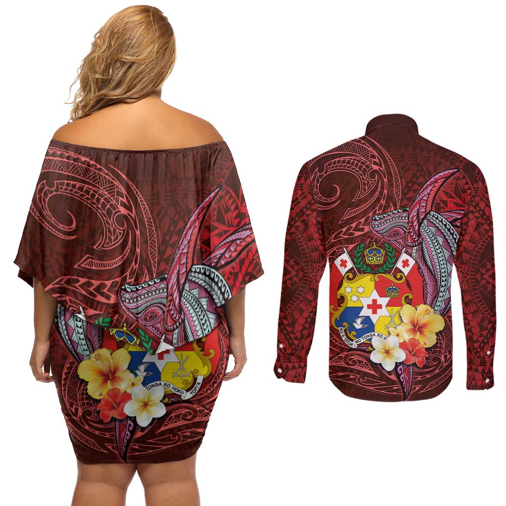 Tonga Humpback Whale Couples Matching Off Shoulder Short Dress and Long Sleeve Button Shirt National Seal with Hibiscus and Polynesian Tattoo