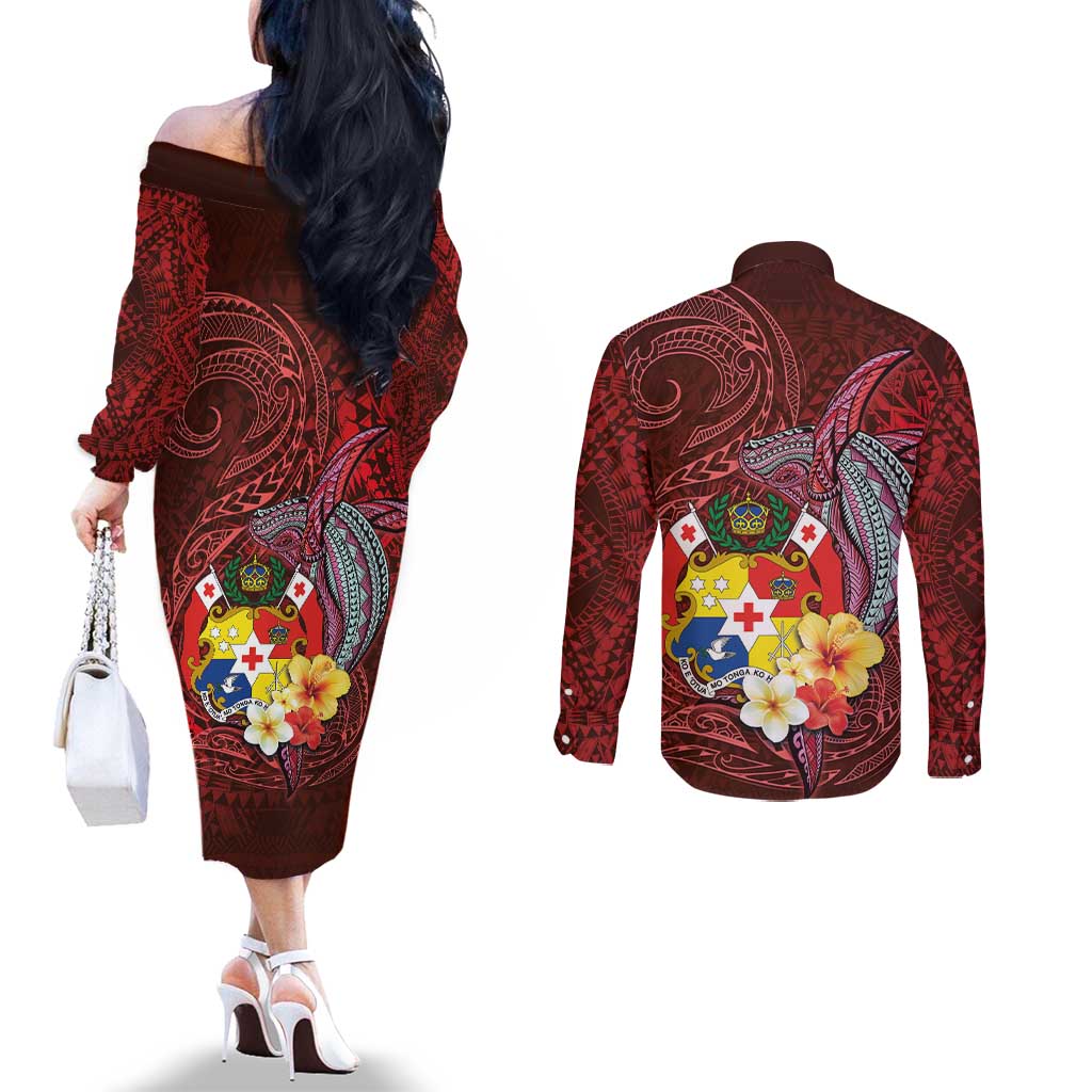 Tonga Humpback Whale Couples Matching Off The Shoulder Long Sleeve Dress and Long Sleeve Button Shirt National Seal with Hibiscus and Polynesian Tattoo LT03 - Polynesian Pride