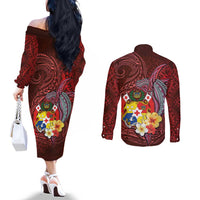 Tonga Humpback Whale Couples Matching Off The Shoulder Long Sleeve Dress and Long Sleeve Button Shirt National Seal with Hibiscus and Polynesian Tattoo LT03 - Polynesian Pride