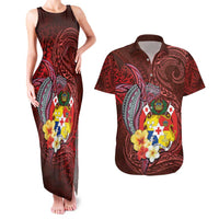 Tonga Humpback Whale Couples Matching Tank Maxi Dress and Hawaiian Shirt National Seal with Hibiscus and Polynesian Tattoo LT03 Red - Polynesian Pride