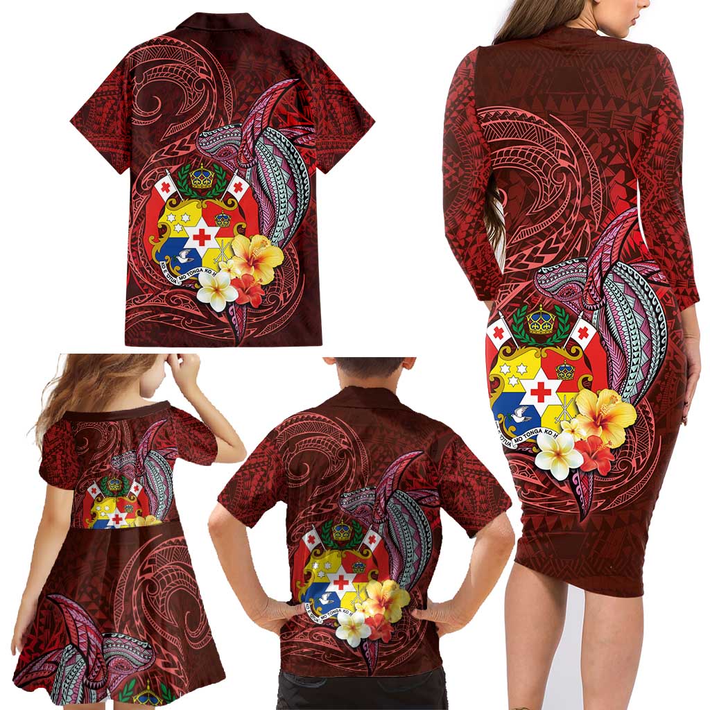 Tonga Humpback Whale Family Matching Long Sleeve Bodycon Dress and Hawaiian Shirt National Seal with Hibiscus and Polynesian Tattoo LT03 - Polynesian Pride