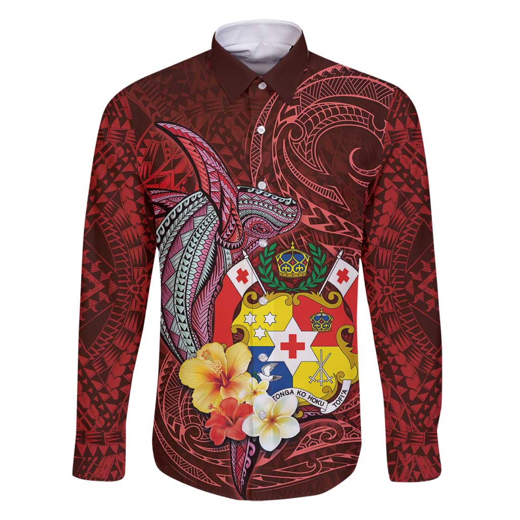 Tonga Humpback Whale Family Matching Long Sleeve Bodycon Dress and Hawaiian Shirt National Seal with Hibiscus and Polynesian Tattoo LT03 Dad's Shirt - Long Sleeve Red - Polynesian Pride