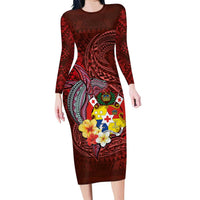 Tonga Humpback Whale Family Matching Long Sleeve Bodycon Dress and Hawaiian Shirt National Seal with Hibiscus and Polynesian Tattoo LT03 Mom's Dress Red - Polynesian Pride