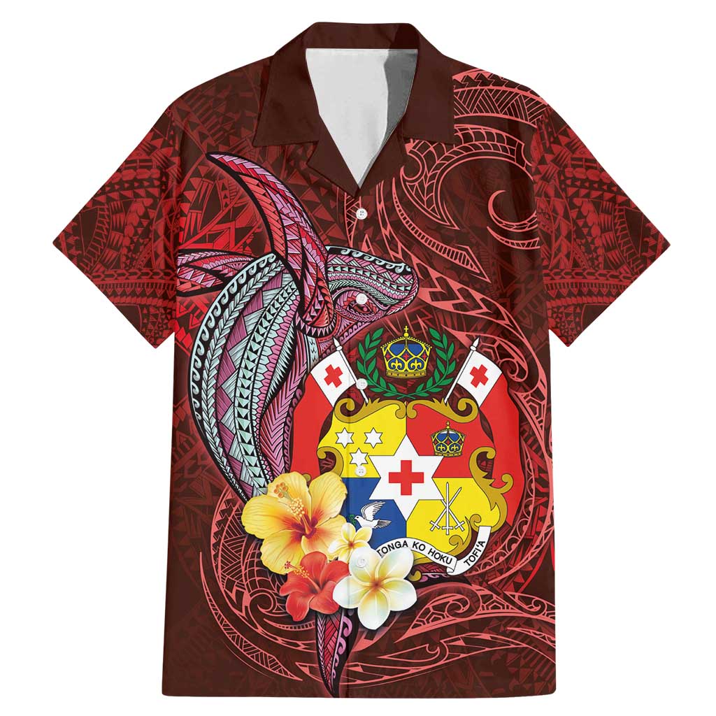 Tonga Humpback Whale Family Matching Mermaid Dress and Hawaiian Shirt National Seal with Hibiscus and Polynesian Tattoo LT03 Dad's Shirt - Short Sleeve Red - Polynesian Pride