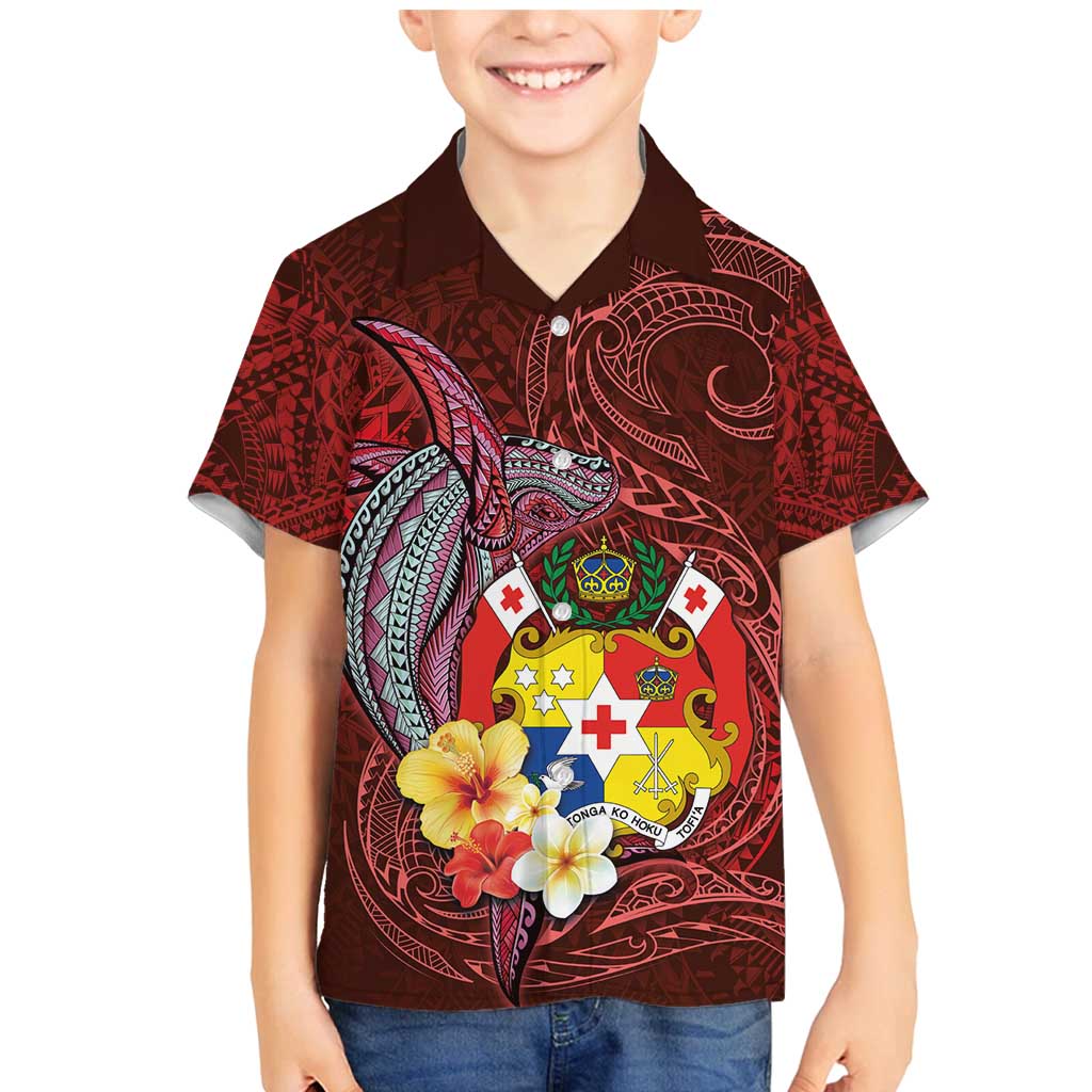 Tonga Humpback Whale Family Matching Mermaid Dress and Hawaiian Shirt National Seal with Hibiscus and Polynesian Tattoo LT03 Son's Shirt Red - Polynesian Pride