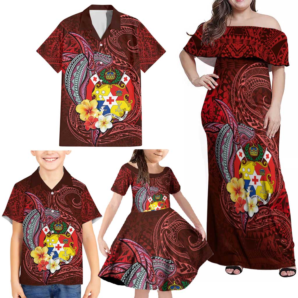 Tonga Humpback Whale Family Matching Off Shoulder Maxi Dress and Hawaiian Shirt National Seal with Hibiscus and Polynesian Tattoo