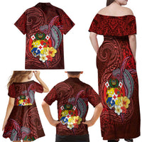 Tonga Humpback Whale Family Matching Off Shoulder Maxi Dress and Hawaiian Shirt National Seal with Hibiscus and Polynesian Tattoo