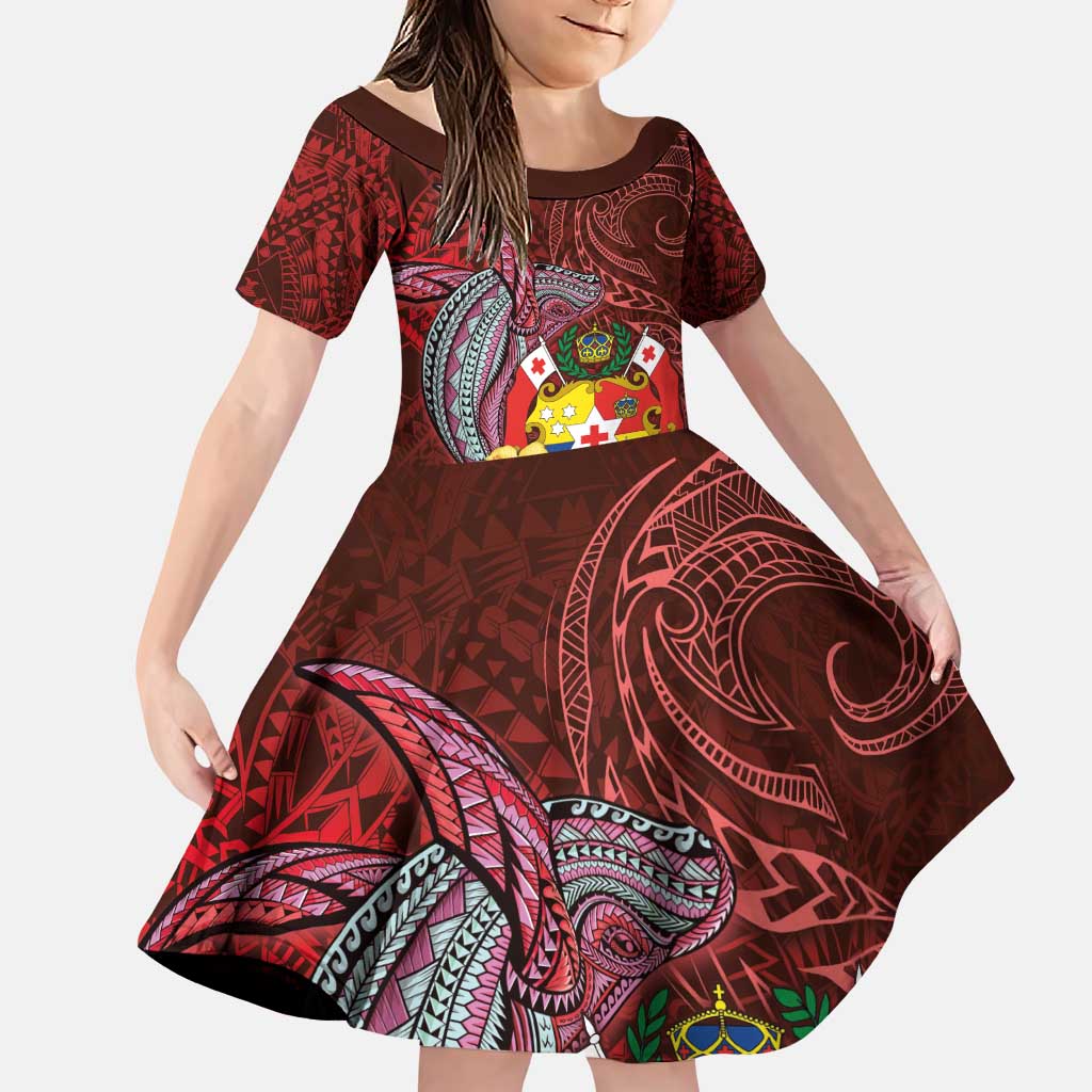 Tonga Humpback Whale Family Matching Puletasi and Hawaiian Shirt National Seal with Hibiscus and Polynesian Tattoo LT03 Daughter's Dress Red - Polynesian Pride