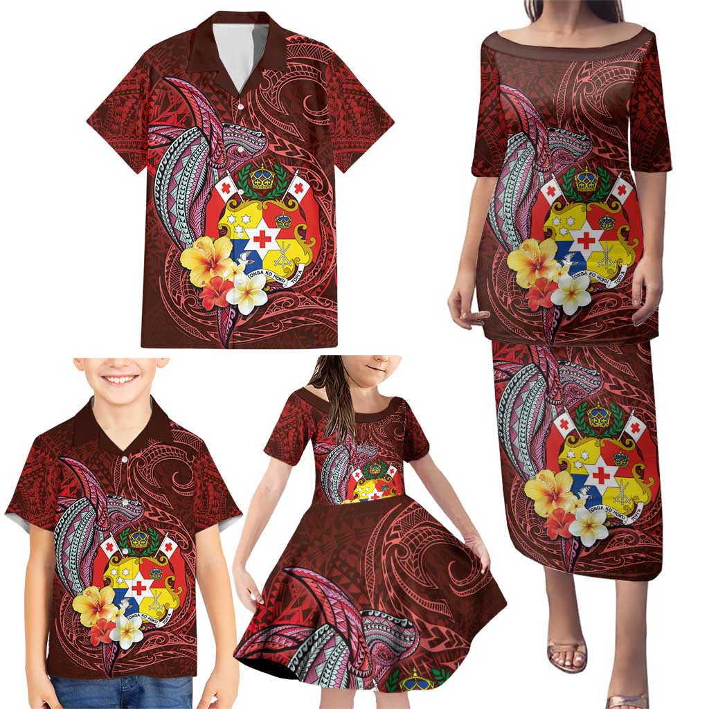 Tonga Humpback Whale Family Matching Puletasi and Hawaiian Shirt National Seal with Hibiscus and Polynesian Tattoo