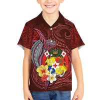 Tonga Humpback Whale Family Matching Puletasi and Hawaiian Shirt National Seal with Hibiscus and Polynesian Tattoo LT03 Son's Shirt Red - Polynesian Pride