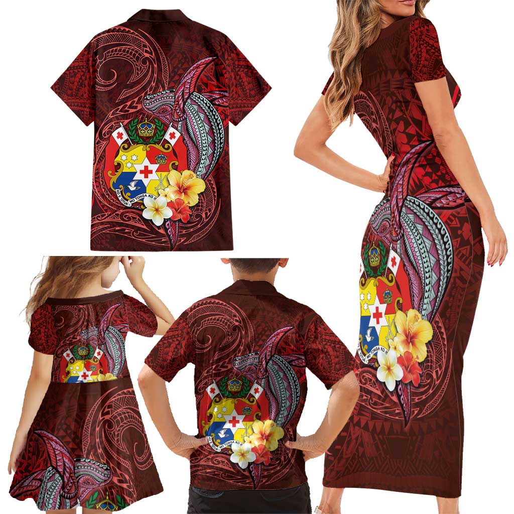 Tonga Humpback Whale Family Matching Short Sleeve Bodycon Dress and Hawaiian Shirt National Seal with Hibiscus and Polynesian Tattoo LT03 - Polynesian Pride