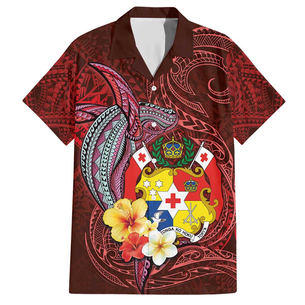 Tonga Humpback Whale Family Matching Short Sleeve Bodycon Dress and Hawaiian Shirt National Seal with Hibiscus and Polynesian Tattoo LT03 Dad's Shirt - Short Sleeve Red - Polynesian Pride