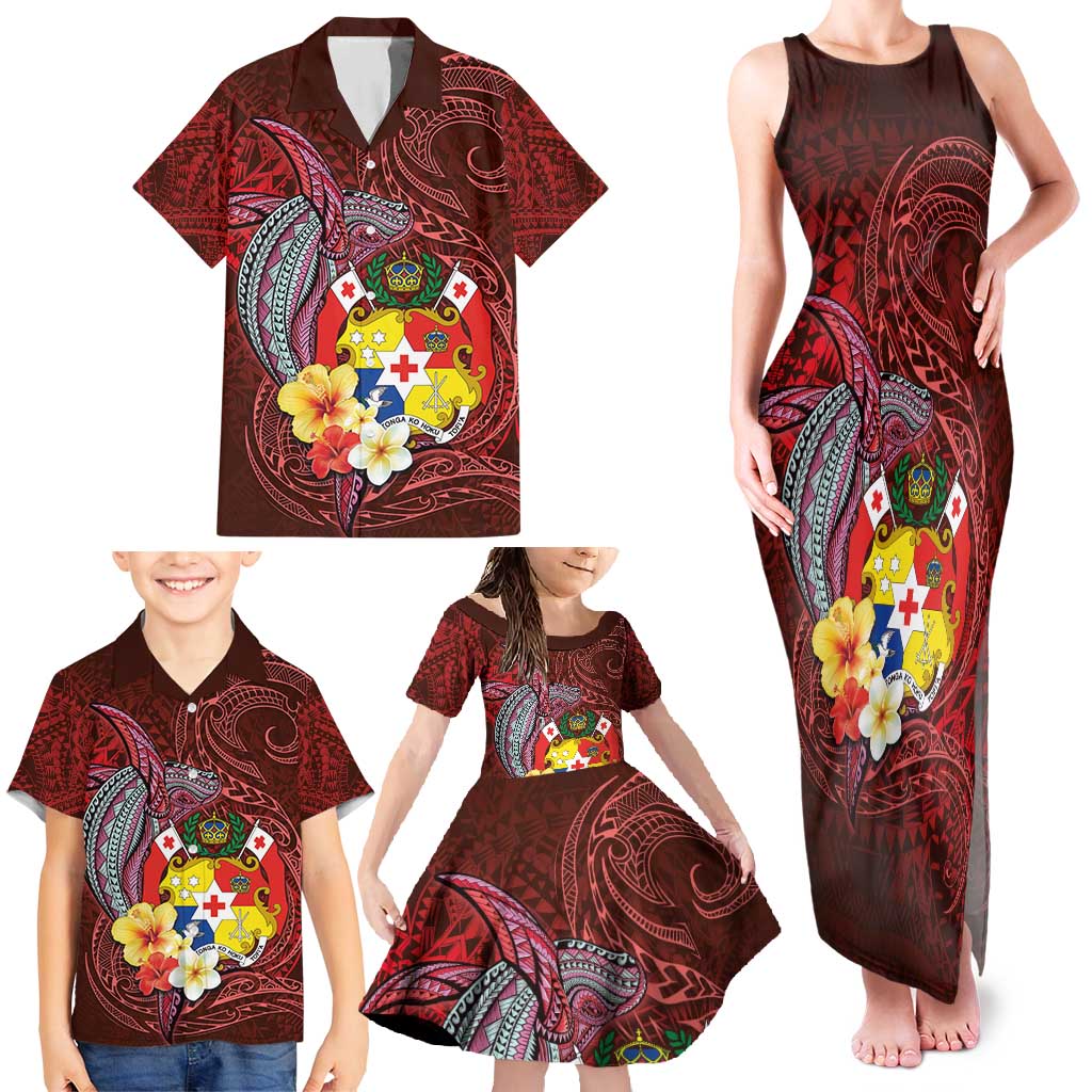 Tonga Humpback Whale Family Matching Tank Maxi Dress and Hawaiian Shirt National Seal with Hibiscus and Polynesian Tattoo