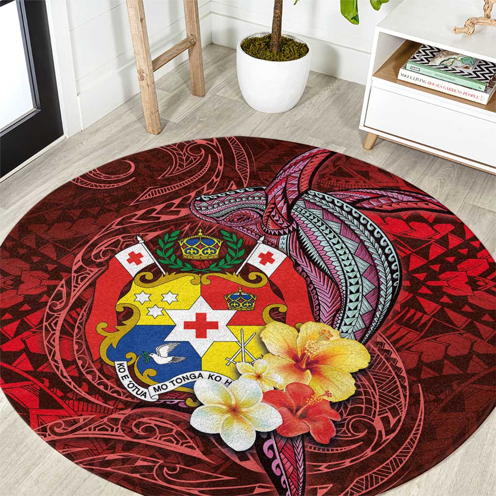 Tonga Humpback Whale Round Carpet National Seal with Hibiscus and Polynesian Tattoo