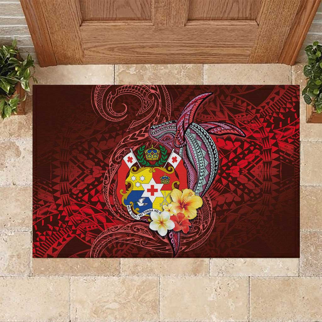 Tonga Humpback Whale Rubber Doormat National Seal with Hibiscus and Polynesian Tattoo