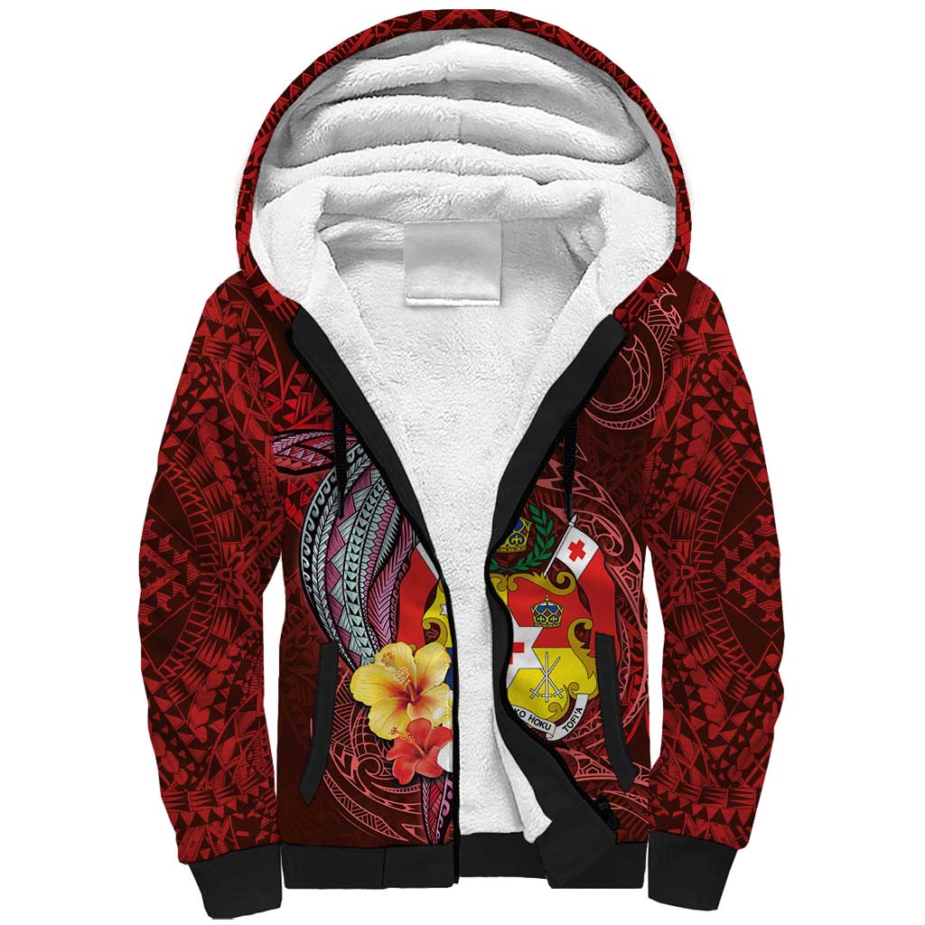 Tonga Humpback Whale Sherpa Hoodie National Seal with Hibiscus and Polynesian Tattoo