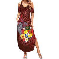 Tonga Humpback Whale Summer Maxi Dress National Seal with Hibiscus and Polynesian Tattoo LT03 Women Red - Polynesian Pride