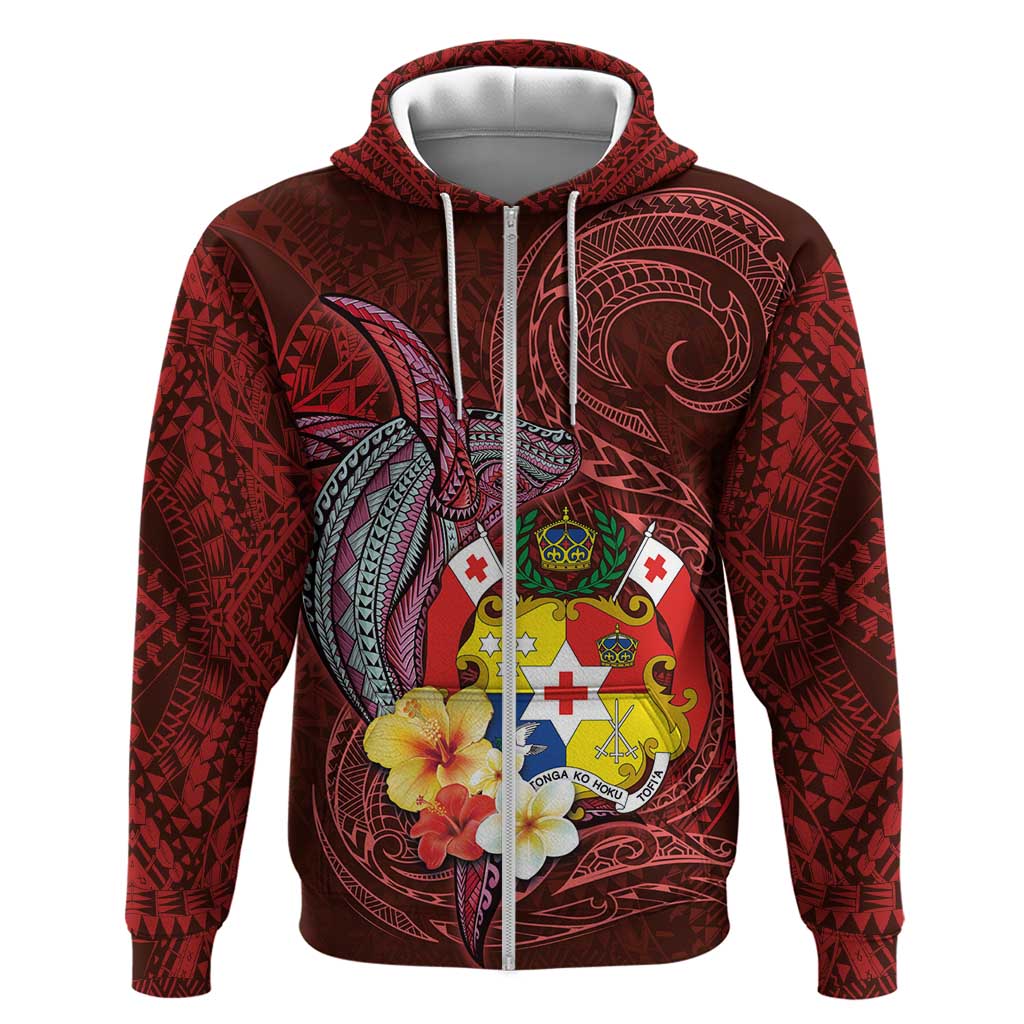 Tonga Humpback Whale Zip Hoodie National Seal with Hibiscus and Polynesian Tattoo LT03 Zip Hoodie Red - Polynesian Pride