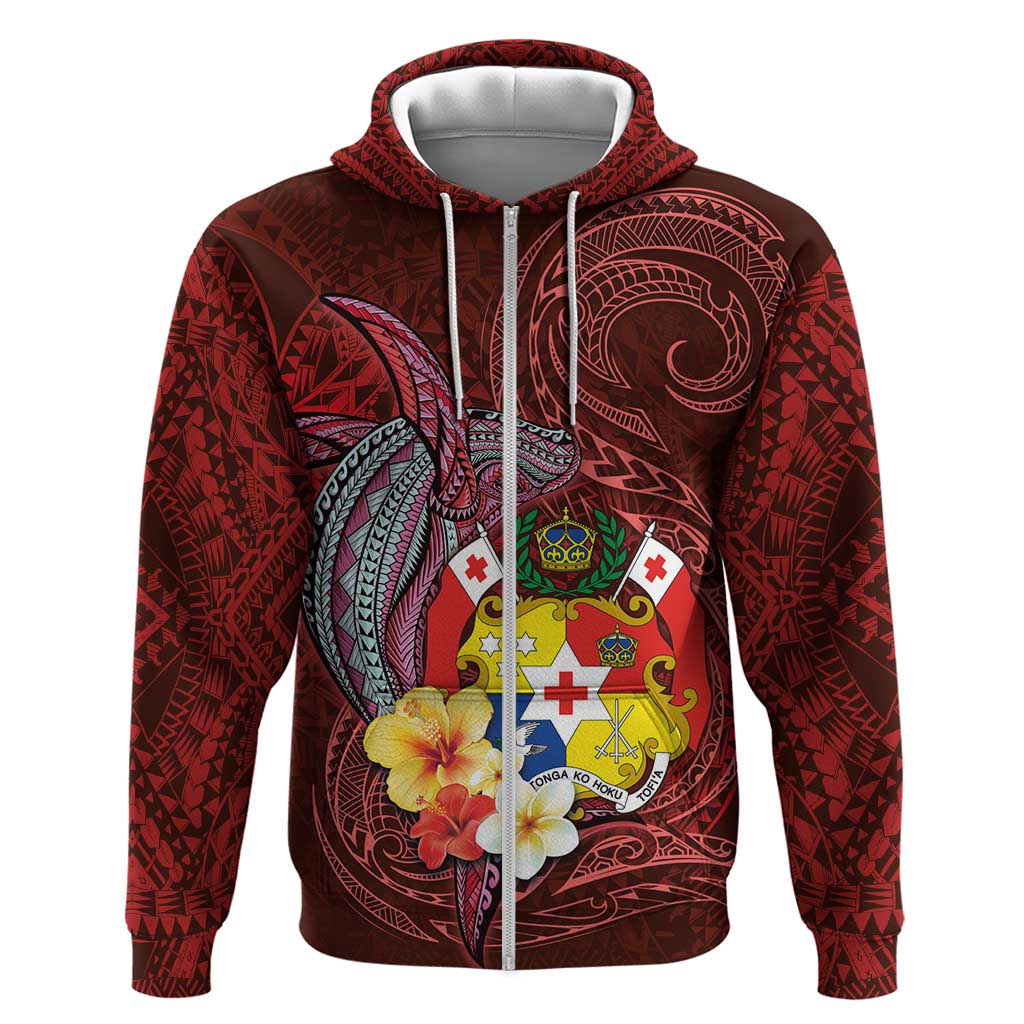 Tonga Humpback Whale Zip Hoodie National Seal with Hibiscus and Polynesian Tattoo