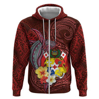 Tonga Humpback Whale Zip Hoodie National Seal with Hibiscus and Polynesian Tattoo LT03 Zip Hoodie Red - Polynesian Pride