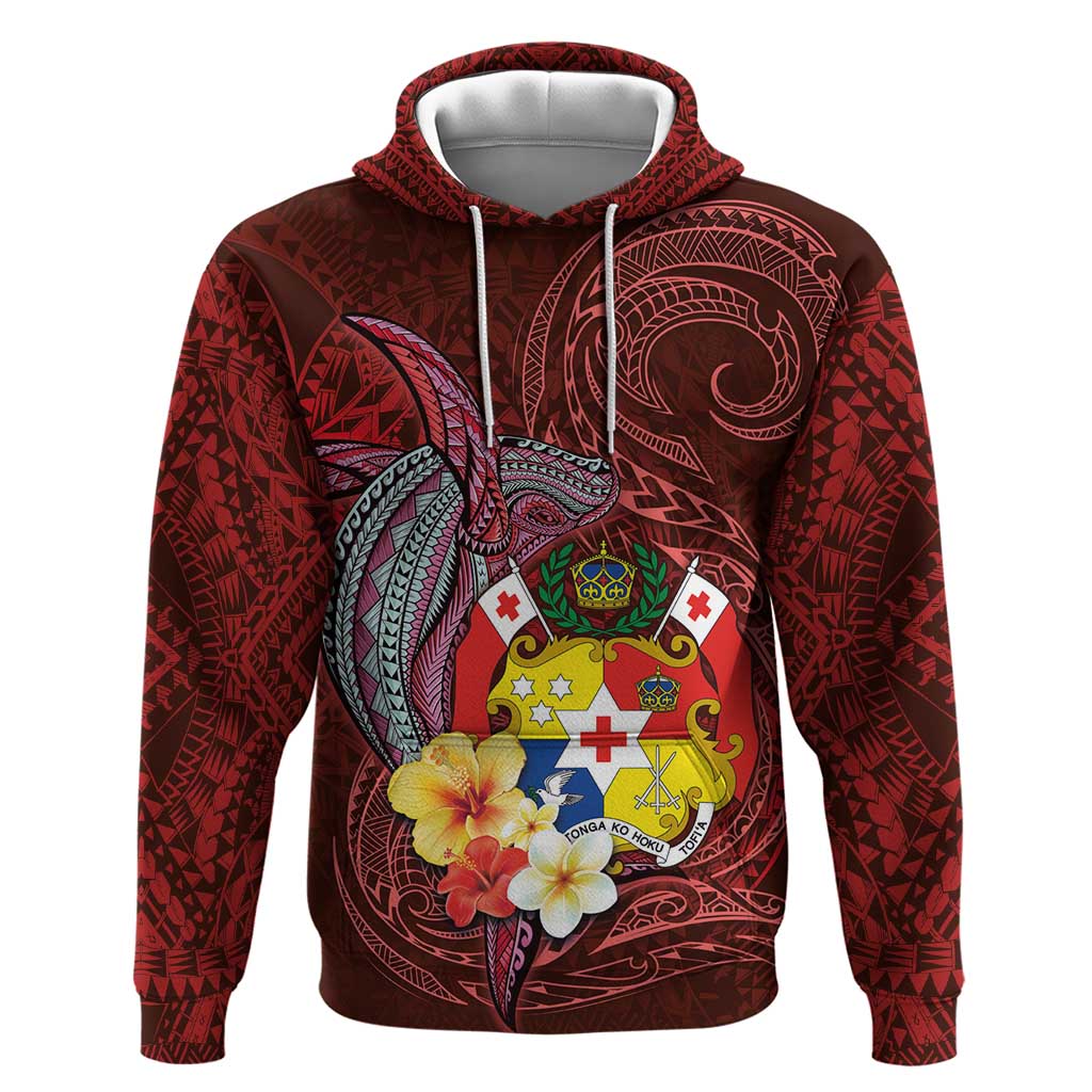 Tonga Humpback Whale Zip Hoodie National Seal with Hibiscus and Polynesian Tattoo LT03 Pullover Hoodie Red - Polynesian Pride