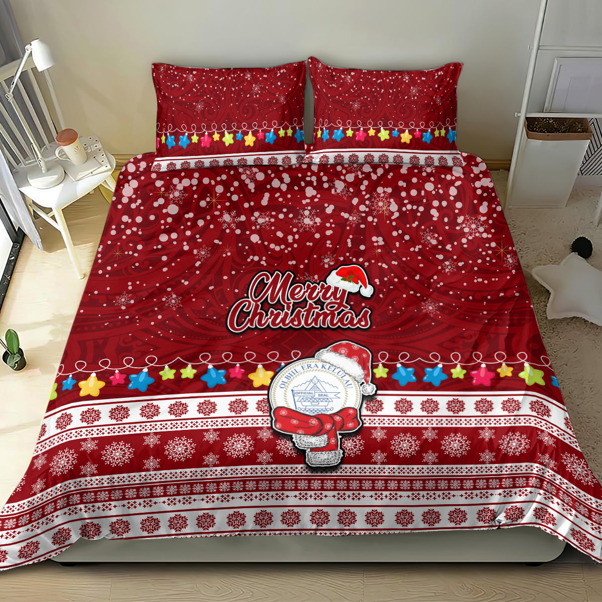 Palau Christmas Bedding Set Snowman and Palau Coat of Arms Maori Tribal Xmas Style LT03 - Polynesian Pride