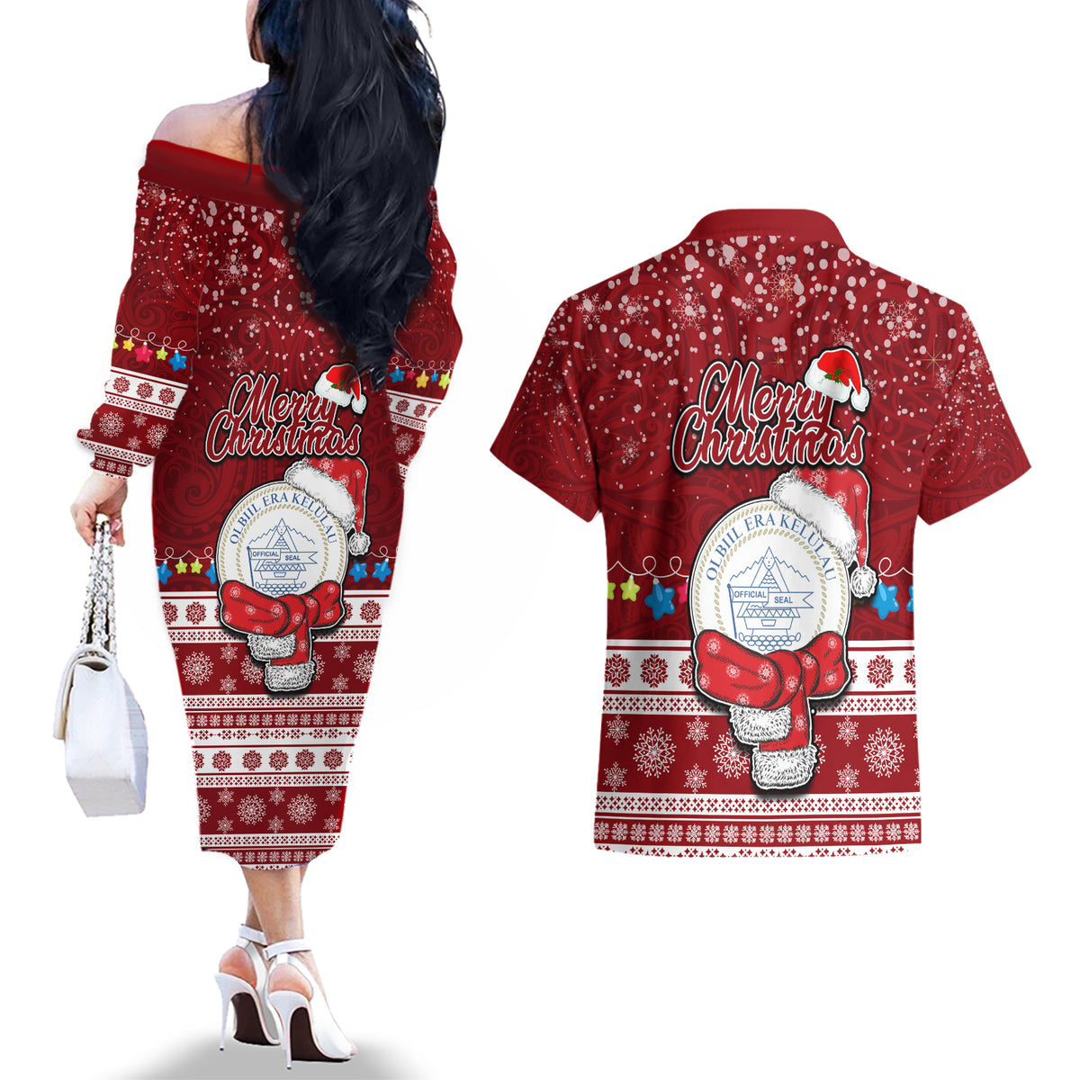 Palau Christmas Couples Matching Off The Shoulder Long Sleeve Dress and Hawaiian Shirt Snowman and Palau Coat of Arms Maori Tribal Xmas Style LT03 - Polynesian Pride