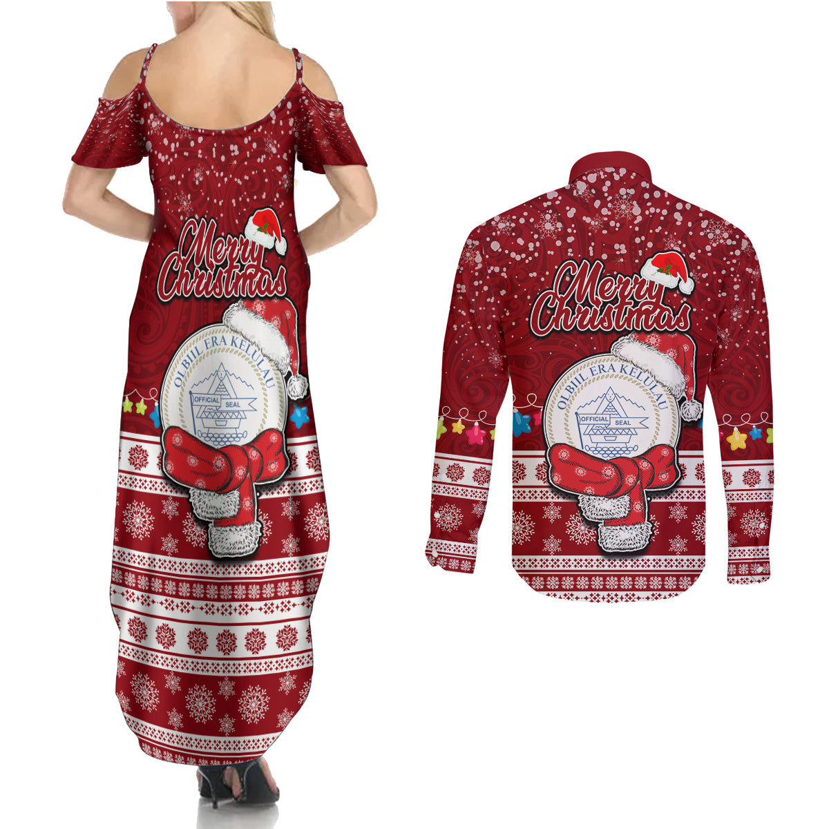 Palau Christmas Couples Matching Summer Maxi Dress and Long Sleeve Button Shirt Snowman and Palau Coat of Arms Maori Tribal Xmas Style LT03 - Polynesian Pride