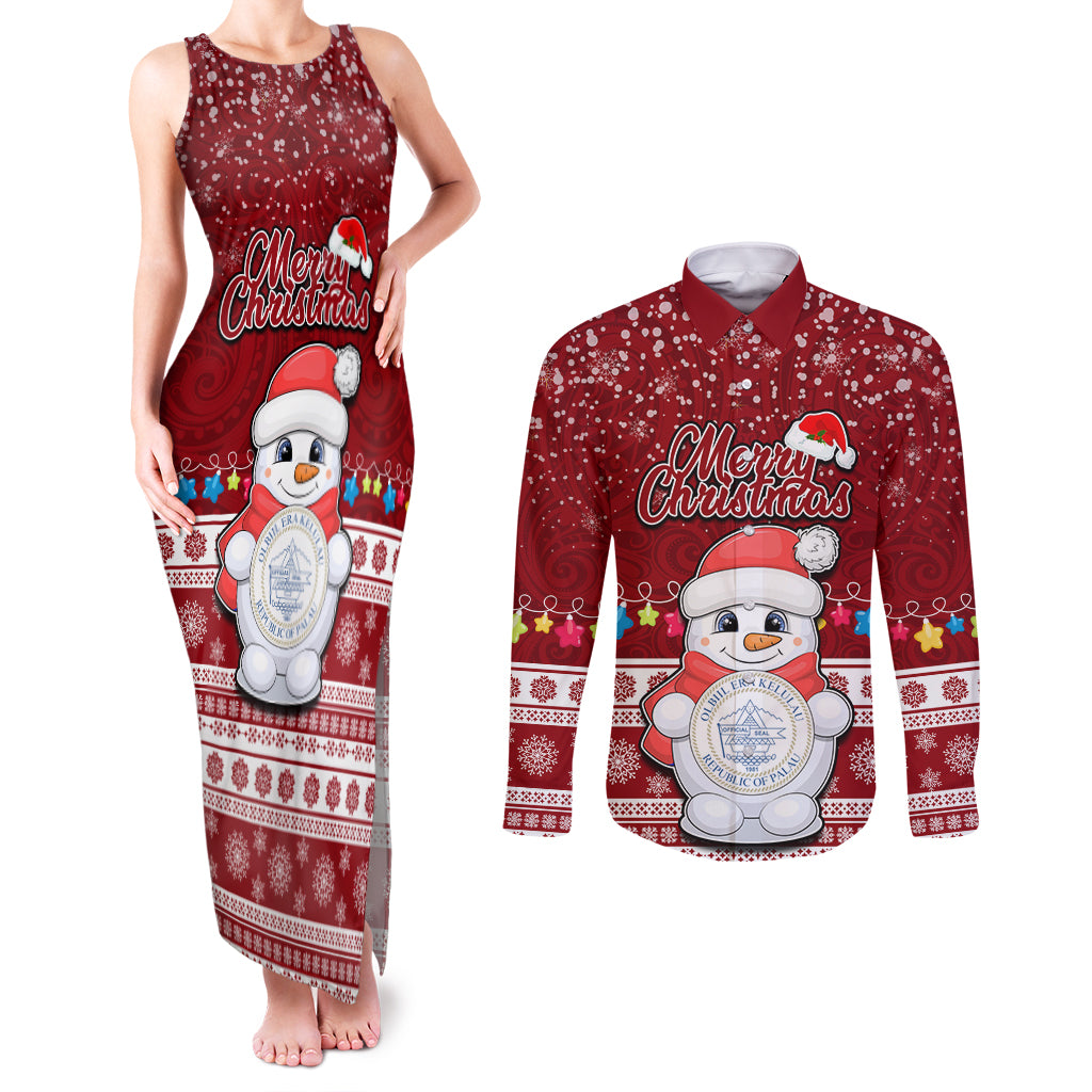 Palau Christmas Couples Matching Tank Maxi Dress and Long Sleeve Button Shirt Snowman and Palau Coat of Arms Maori Tribal Xmas Style LT03 Red - Polynesian Pride