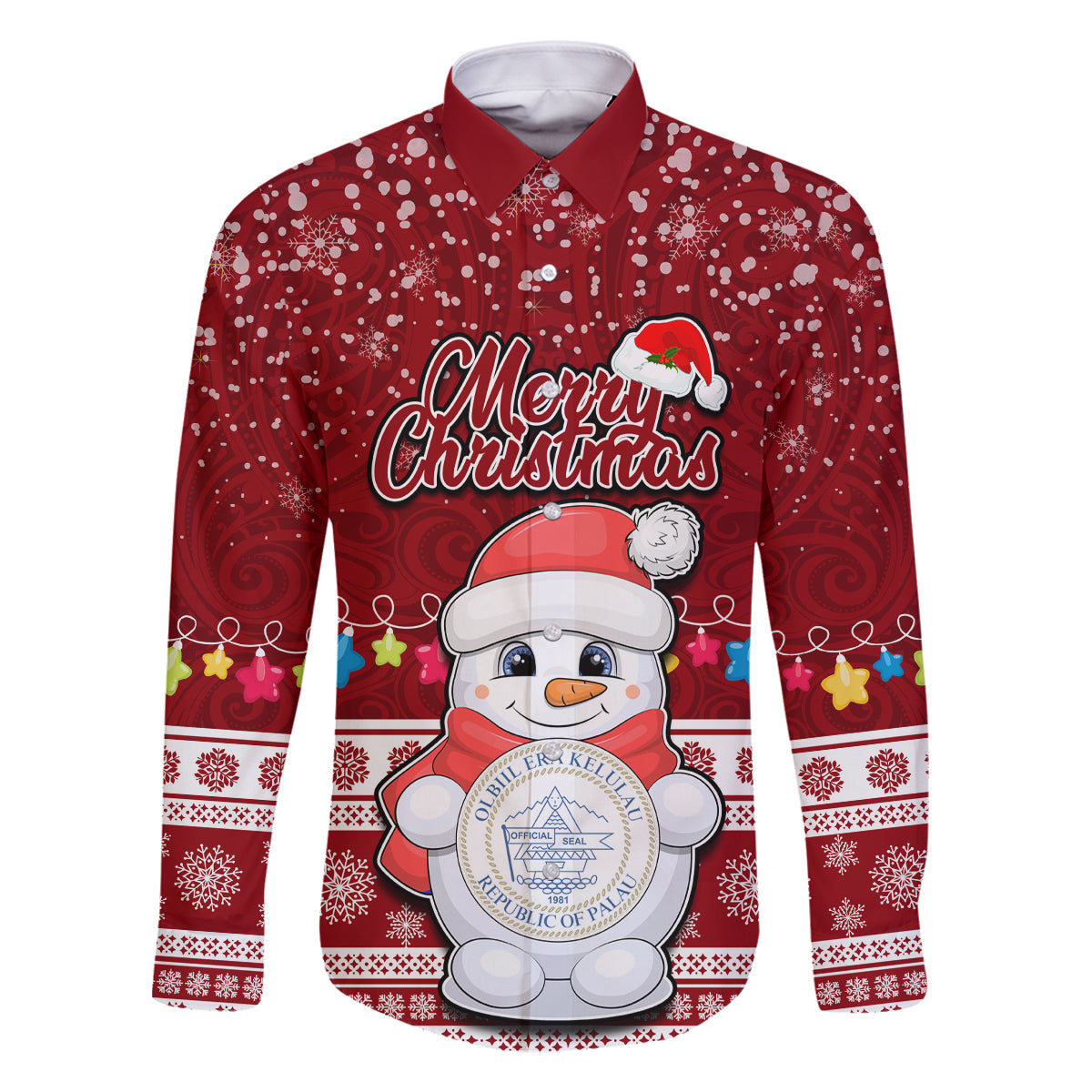 Palau Christmas Family Matching Off Shoulder Short Dress and Hawaiian Shirt Snowman and Palau Coat of Arms Maori Tribal Xmas Style LT03 Dad's Shirt - Long Sleeve Red - Polynesian Pride