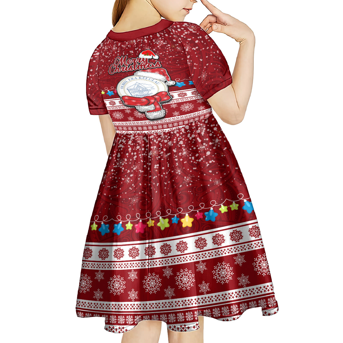 Palau Christmas Kid Short Sleeve Dress Snowman and Palau Coat of Arms Maori Tribal Xmas Style LT03 - Polynesian Pride