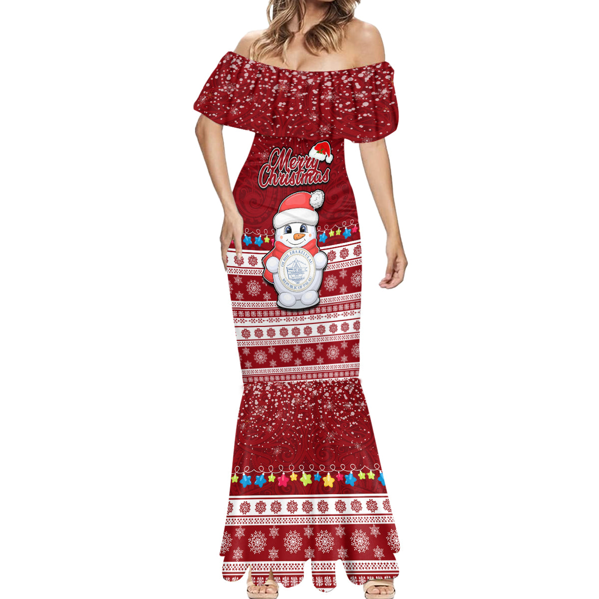 Palau Christmas Mermaid Dress Snowman and Palau Coat of Arms Maori Tribal Xmas Style LT03 - Polynesian Pride