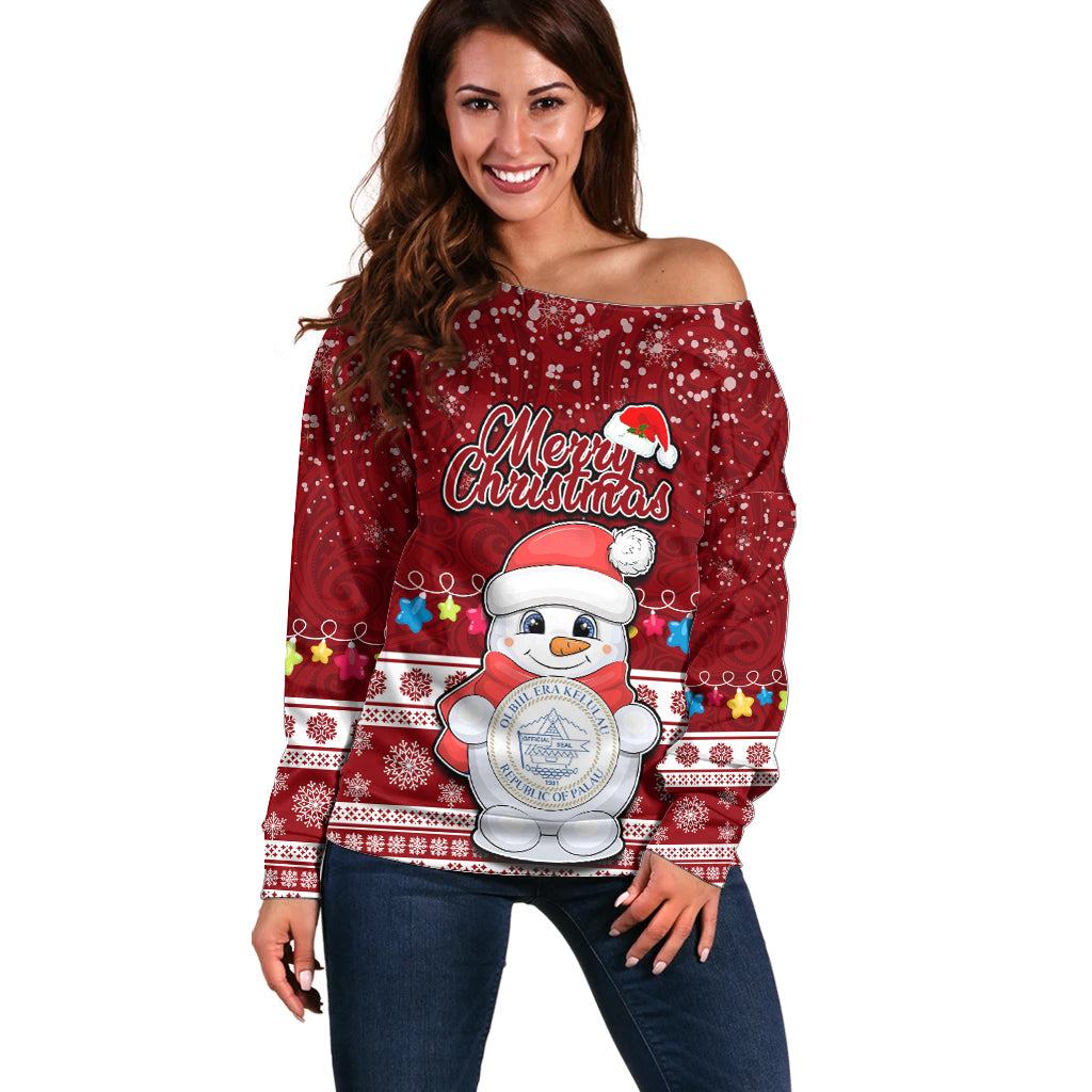 Palau Christmas Off Shoulder Sweater Snowman and Palau Coat of Arms Maori Tribal Xmas Style LT03 Women Red - Polynesian Pride