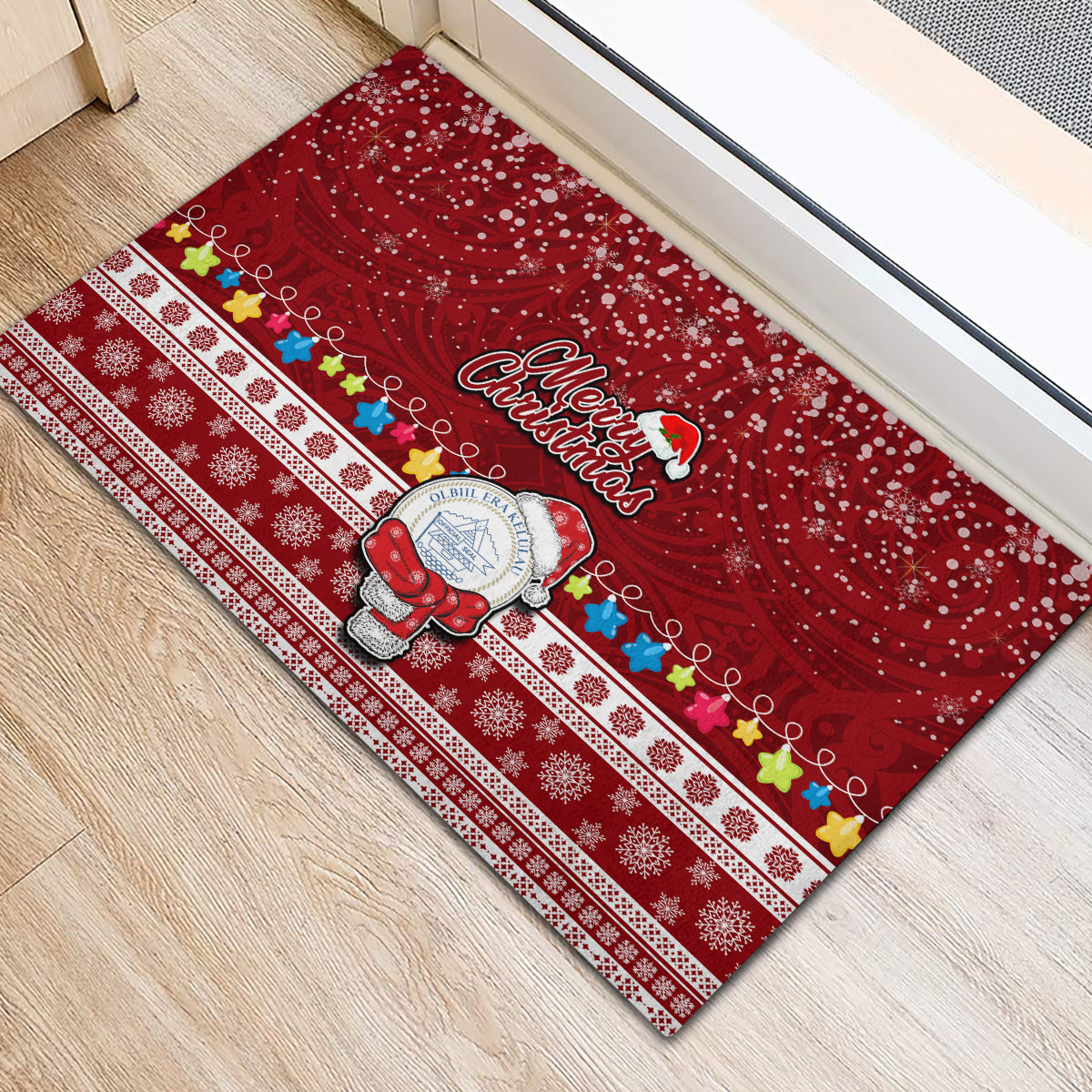 Palau Christmas Rubber Doormat Snowman and Palau Coat of Arms Maori Tribal Xmas Style LT03 - Polynesian Pride