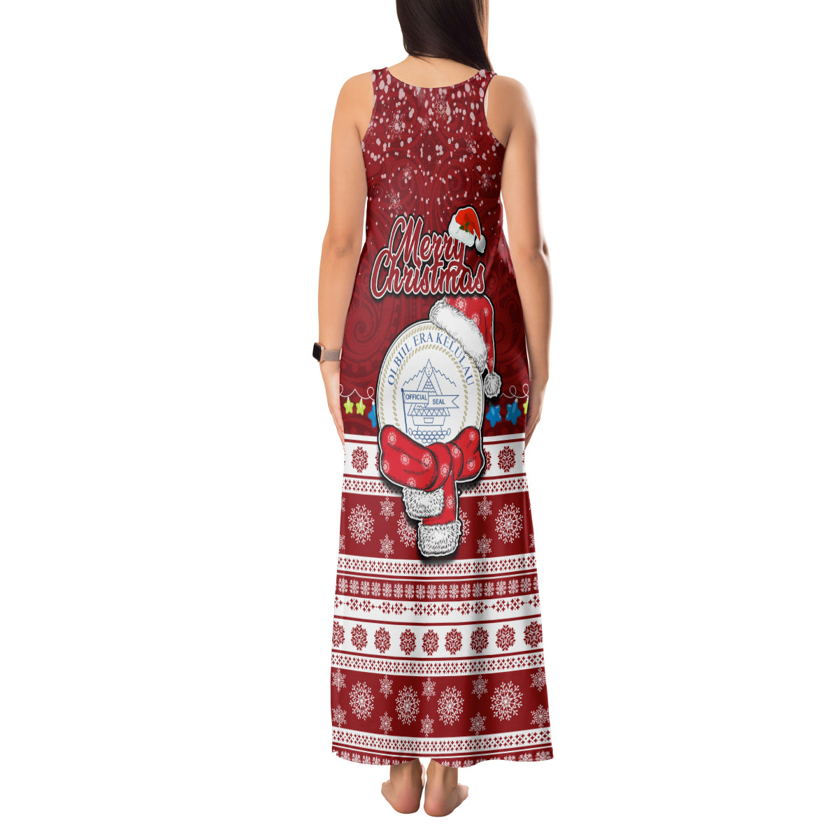 Palau Christmas Tank Maxi Dress Snowman and Palau Coat of Arms Maori Tribal Xmas Style LT03 - Polynesian Pride