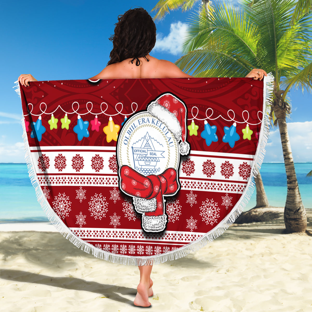 Personalised Palau Christmas Beach Blanket Snowman and Palau Coat of Arms Maori Tribal Xmas Style LT03 - Wonder Print Shop