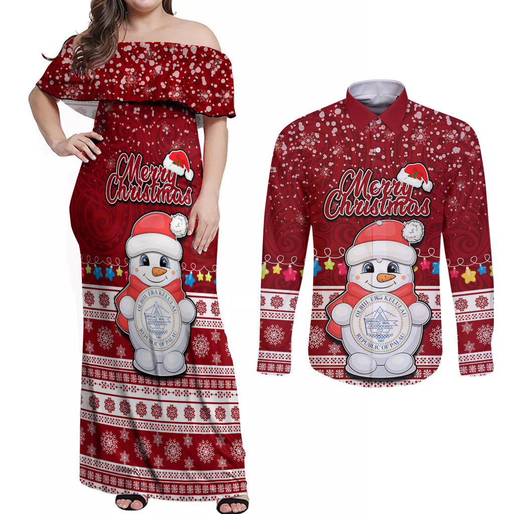 Personalised Palau Christmas Couples Matching Off Shoulder Maxi Dress and Long Sleeve Button Shirt Snowman and Palau Coat of Arms Maori Tribal Xmas Style LT03 Red - Polynesian Pride