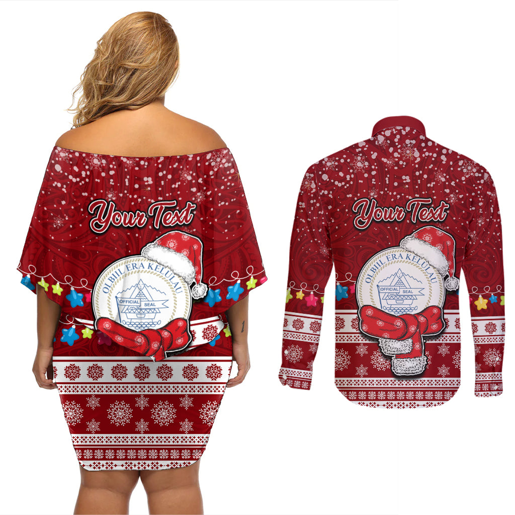 Personalised Palau Christmas Couples Matching Off Shoulder Short Dress and Long Sleeve Button Shirt Snowman and Palau Coat of Arms Maori Tribal Xmas Style LT03 - Polynesian Pride