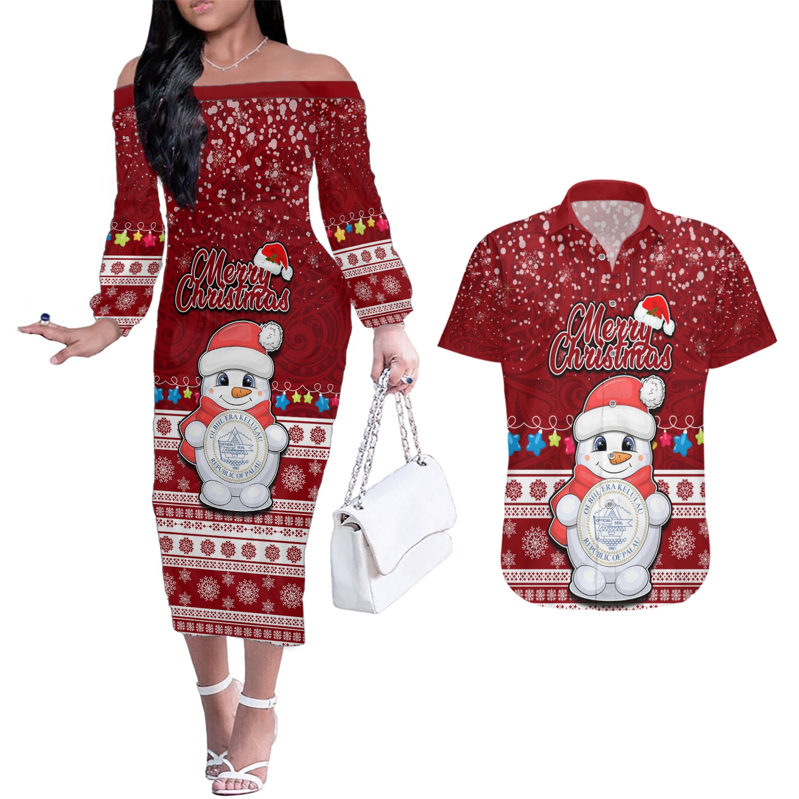 Personalised Palau Christmas Couples Matching Off The Shoulder Long Sleeve Dress and Hawaiian Shirt Snowman and Palau Coat of Arms Maori Tribal Xmas Style LT03 Red - Polynesian Pride