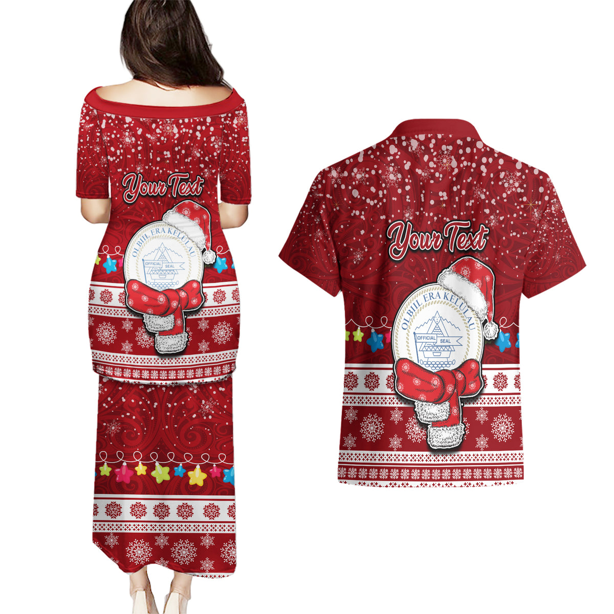 Personalised Palau Christmas Couples Matching Puletasi Dress and Hawaiian Shirt Snowman and Palau Coat of Arms Maori Tribal Xmas Style LT03 - Polynesian Pride