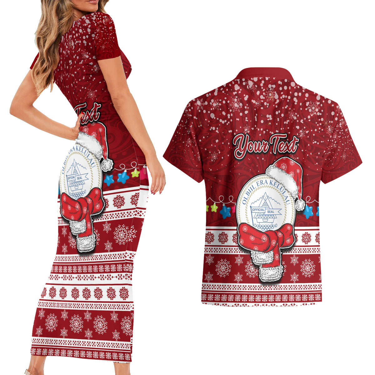 Personalised Palau Christmas Couples Matching Short Sleeve Bodycon Dress and Hawaiian Shirt Snowman and Palau Coat of Arms Maori Tribal Xmas Style LT03 - Polynesian Pride